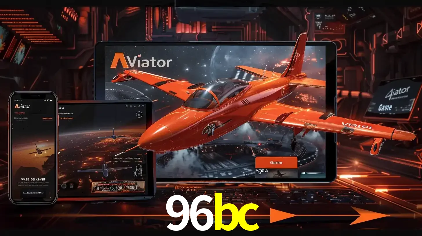 Apresentação tecnológica do jogo Aviator com um avião saindo da tela de um tablet, demonstrando a experiência imersiva em múltiplos dispositivos no 96bc.