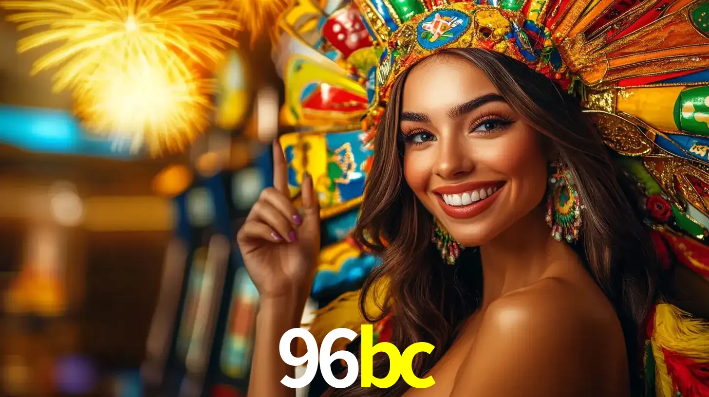 Mulher sorridente com um cocar de carnaval vibrante e colorido, celebrando uma grande vitória nos jogos do cassino 96bc com fogos de artifício ao fundo.