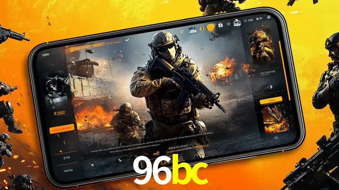 Um smartphone exibindo a interface de um jogo de tiro em primeira pessoa, com um soldado em um cenário de batalha, representando a ação dos e-sports para apostar no 96bc.