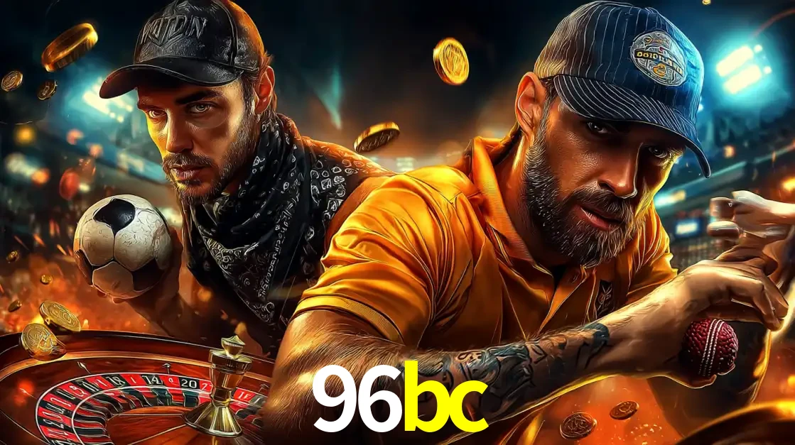 Montagem de apostas esportivas e cassino no 96bc, com um homem segurando uma bola de futebol e outro uma de beisebol sobre uma roleta e moedas voadoras.