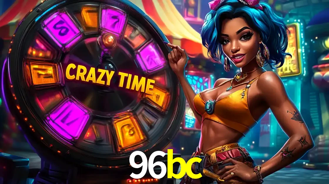 Mulher estilizada com cabelo azul e visual vibrante posando ao lado da roda de prêmios do game show Crazy Time, convidando para a diversão e os bônus do cassino 96bc.