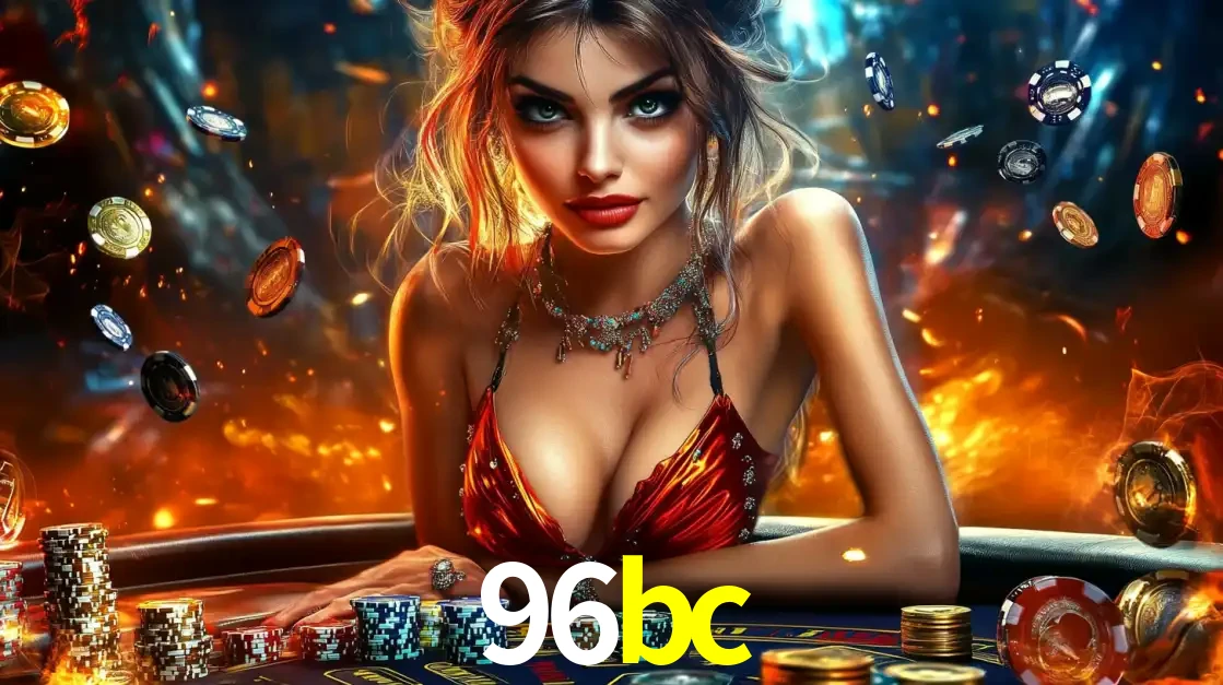 Mulher em uma mesa de cassino com pilhas de fichas e um fundo de fogo, pronta para uma rodada de altas apostas nos jogos de mesa emocionantes do cassino 96bc.