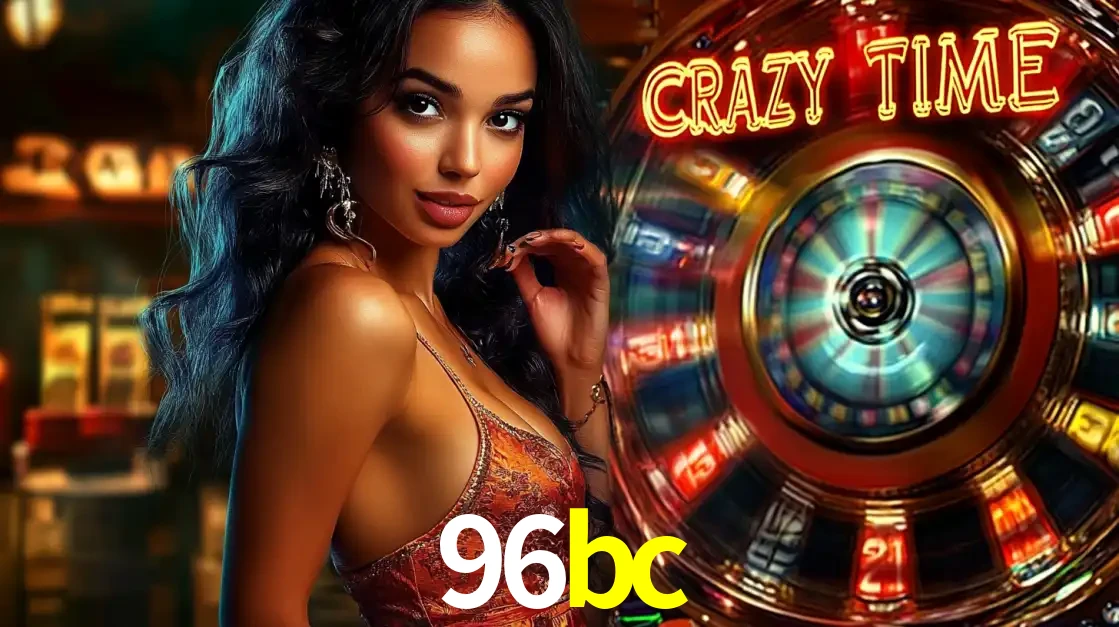 Mulher elegante ao lado da vibrante roda da fortuna do jogo de cassino ao vivo Crazy Time, um dos game shows mais populares e cheios de prêmios do 96bc.