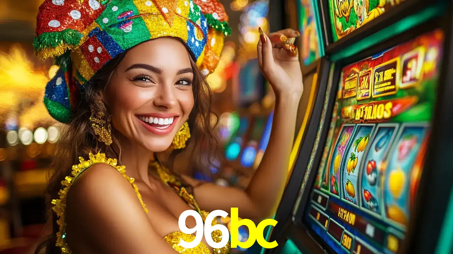 Mulher feliz com traje de carnaval amarelo e colorido ao lado de uma máquina de caça-níqueis, aproveitando a diversão e os jogos temáticos do cassino 96bc.