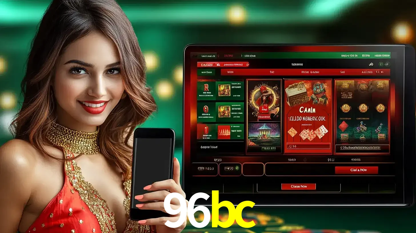 Mulher sorridente segurando um smartphone, ao lado de uma tela exibindo o lobby de jogos do cassino online 96bc, com várias opções de jogos de cartas e slots.